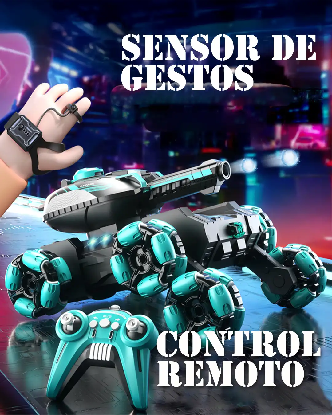 Tanque Acrobático con Sensores de Movimiento. control de muñeca con sensor de gestos para manejar el tanque acrobático de juguete.