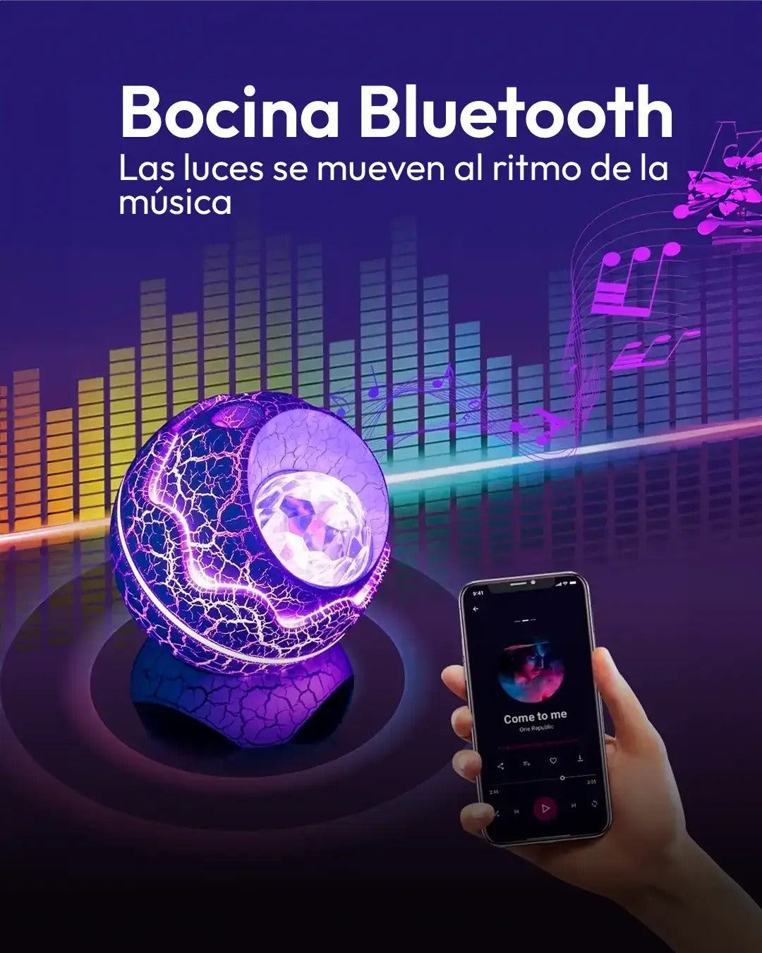 proyector de huevo de dinosaurio Bocina Bluetooth con luces que se mueven al ritmo de la música, diseño esférico y colorido.