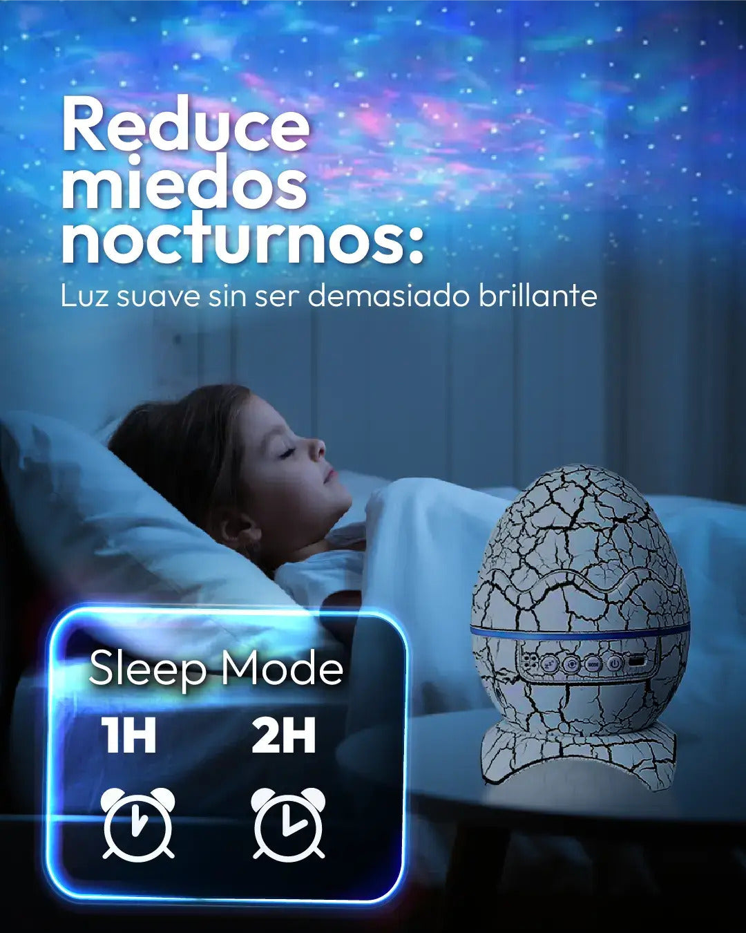 Proyector de huevo de dinosaurio en modo de sueño, luz suave para reducir miedos nocturnos.
