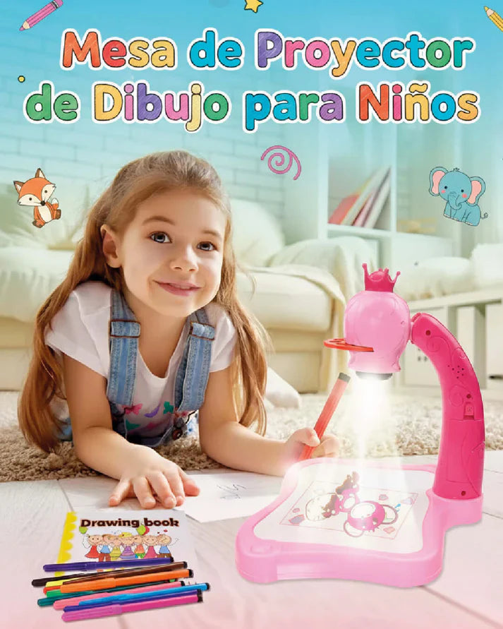 Niña usando la Mesa de proyector de dibujo para niños con imágenes coloridas y un libro de dibujo.